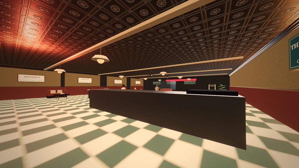 Dottie's diner: a checkered floor, a long counter and a pressed-tin ceiling.