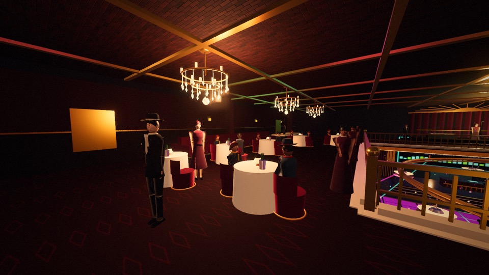 The supper-club lounge: round tables in white cloths, velvet tub chairs and crystal chandeliers.