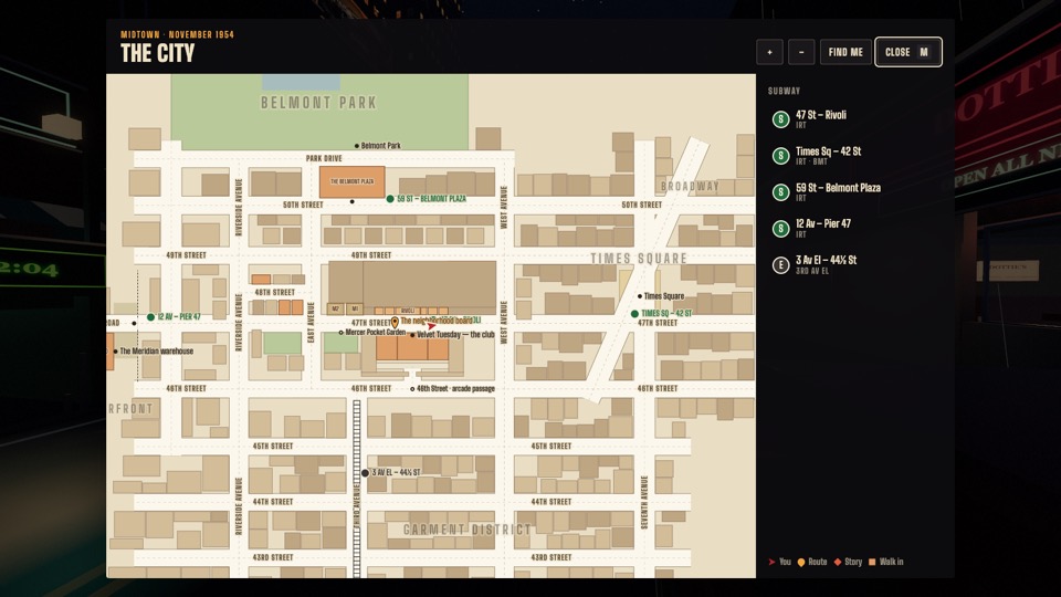 The in-game street map: named streets, parks, the El and five subway stops.