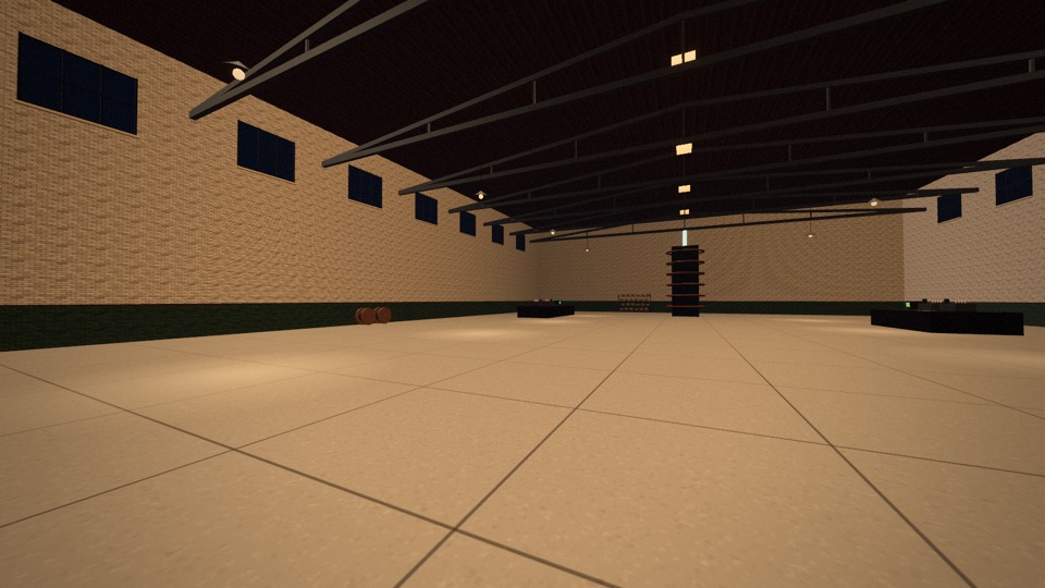 Inside the Meridian warehouse: whitewashed brick, roof trusses, hanging lamps and benches of radio equipment.